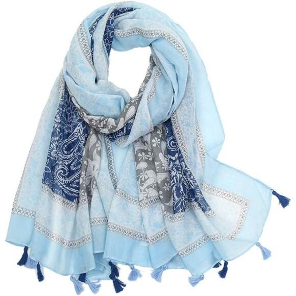 Boho Scarf Lightweight Floral Printed Light Blue - Picture 1 of 6